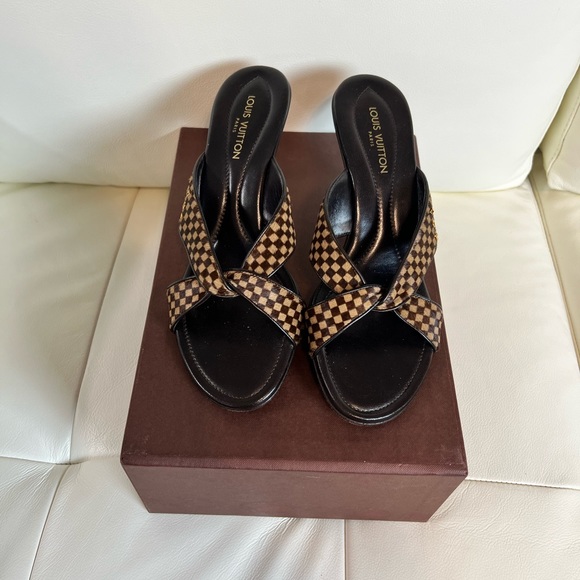 Louis Vuitton Damier Ebene Pattern Ponyhair Slides
